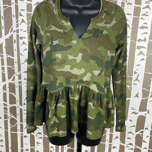 William Rast “Gryphon” Camouflage Thermal Knit Peplum Hem Long Sleeve Shirt